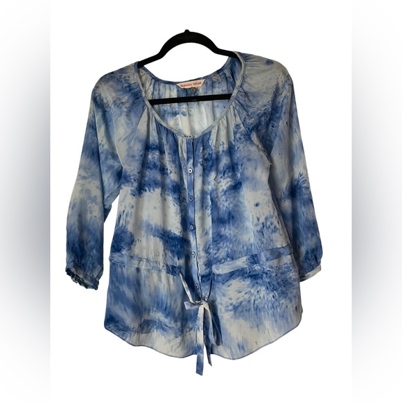 Rebecca Taylor size 2 silk blouse blue beige with waist tie to cinch - Picture 3 of 8